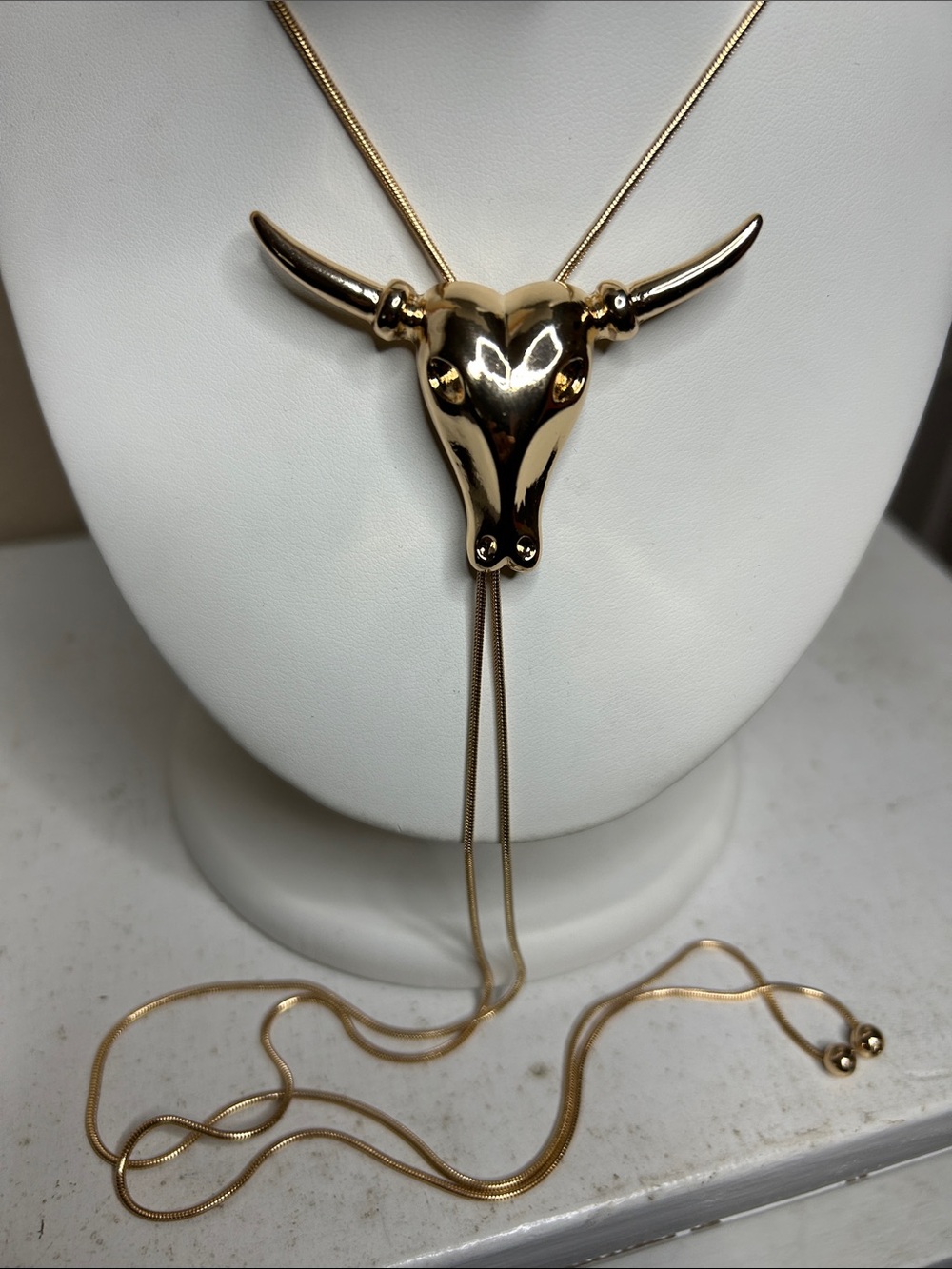 WESTERN Style Gold Bull Skull Lariat Pendant Necklace Bolo - Picture 4 of 5